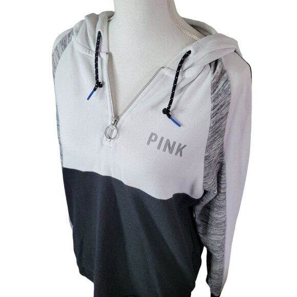 PINK Pullover Quarter Zipper Hoodie Pockets Block Color Black White Womens Small - Picture 2 of 14